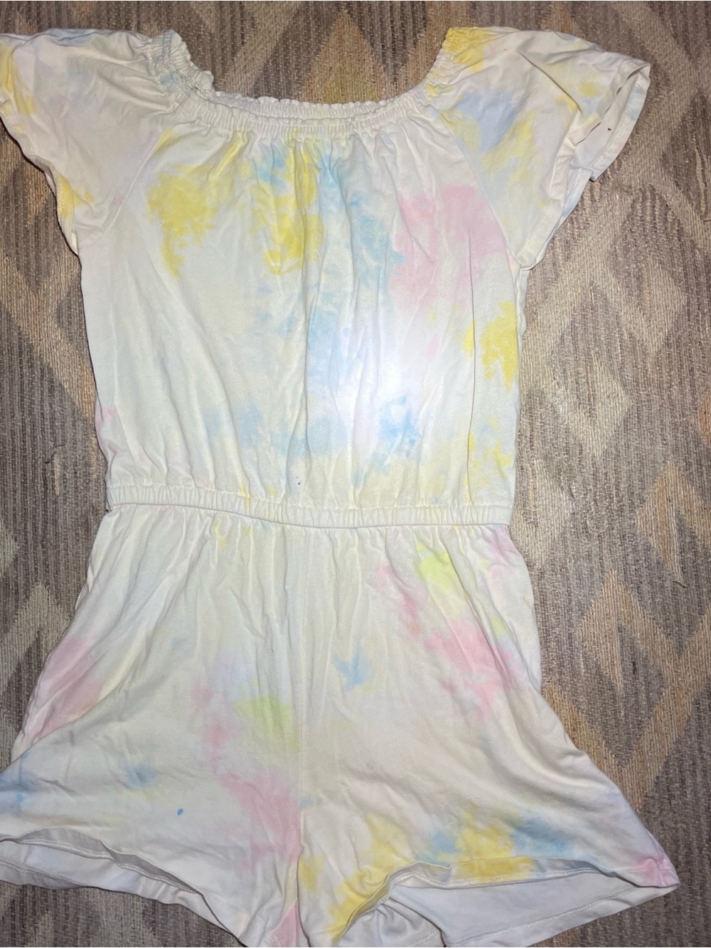 Old Navy White Tie-Dye Short Romper with Pastel Yellow, Blue & Pink
